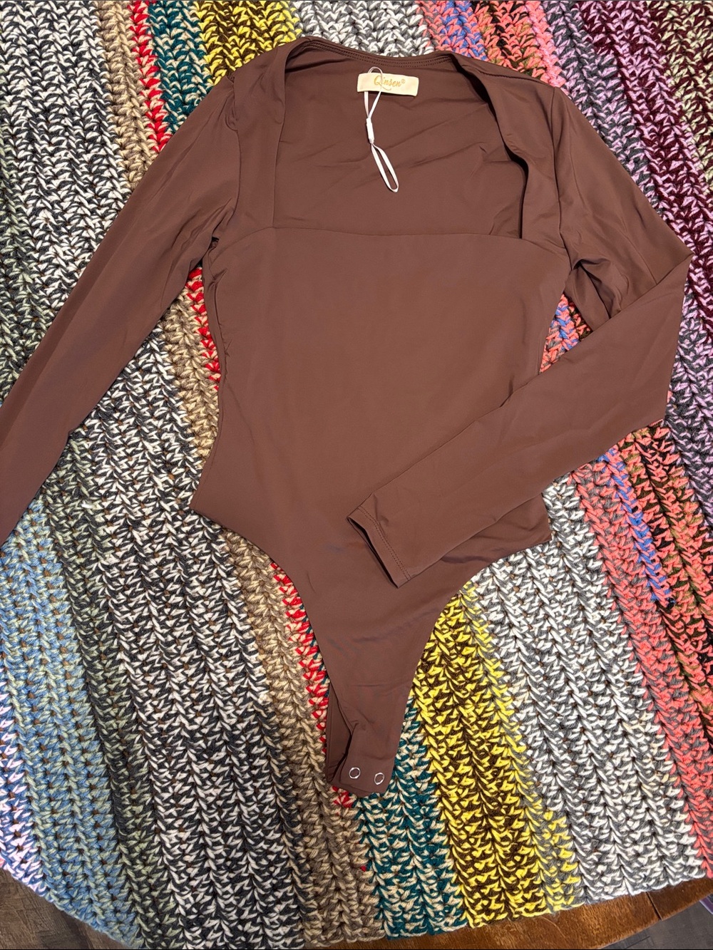 Qinsen Chocolate Brown Long Sleeve thong Bodysuit Sz S